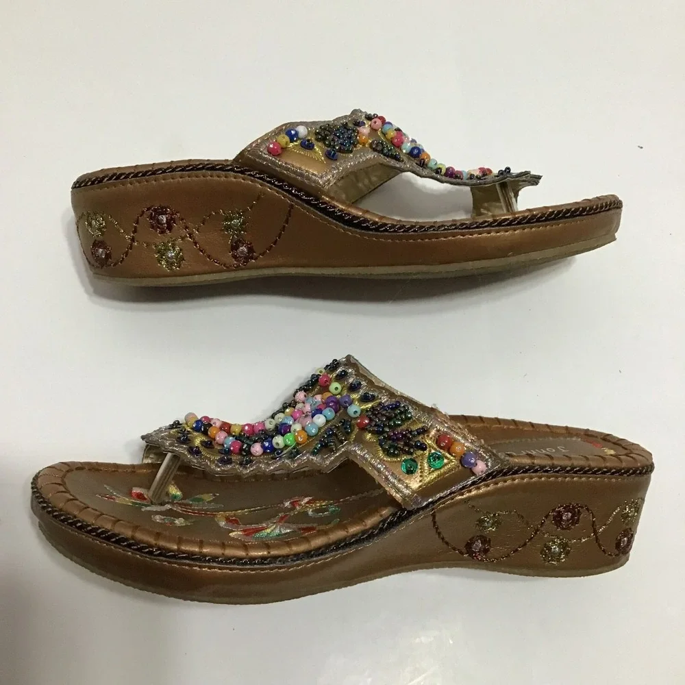 John Fashion Bronze Beaded Wedge Sandal Boho T-Strap Flip Flop Multi Color Beads
